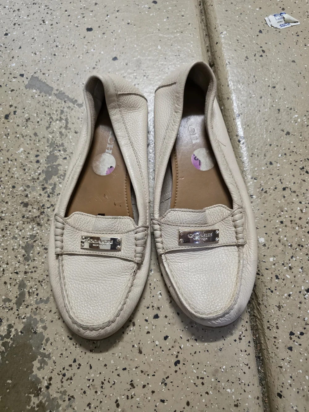Coach Cream Leather Women's Loafers with Silver Plaques